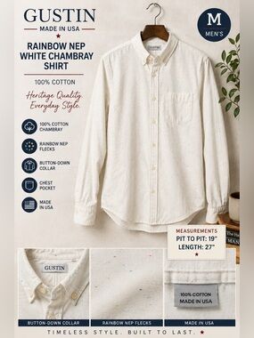 Gustin Rainbow Nep White Chambray Shirt Men’s M Made USA